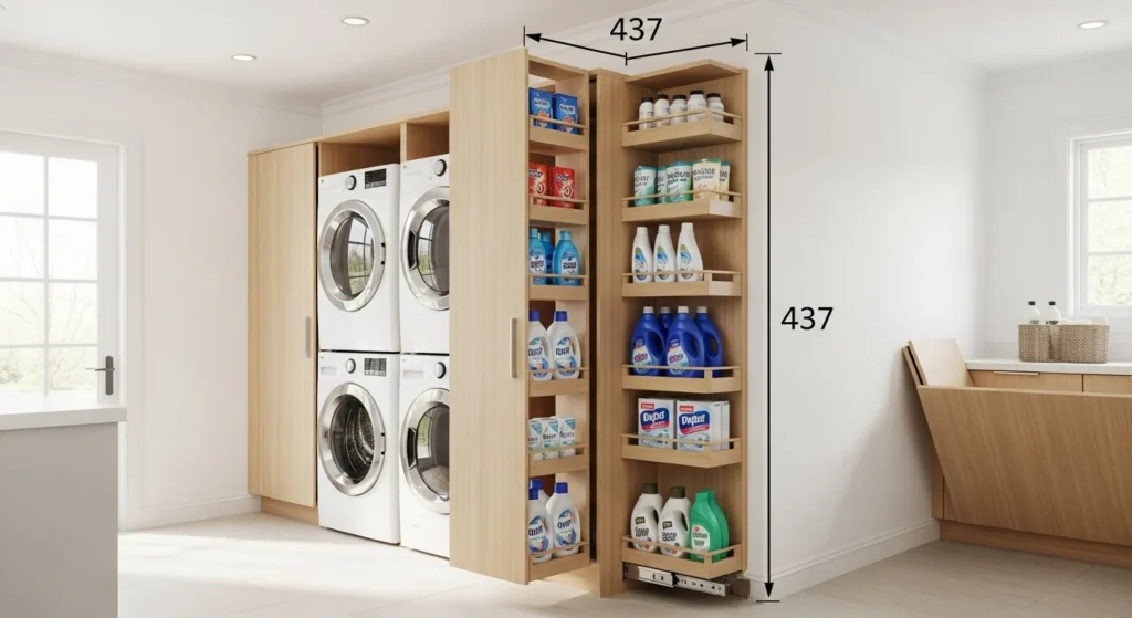 Slim pull-out pantry cabinet in a laundry room providing hidden and efficient storage