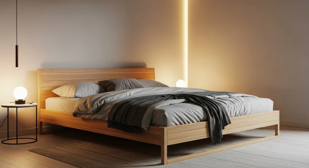 Simple wooden bed frame with clean lines and neutral bedding in a modern bedroom