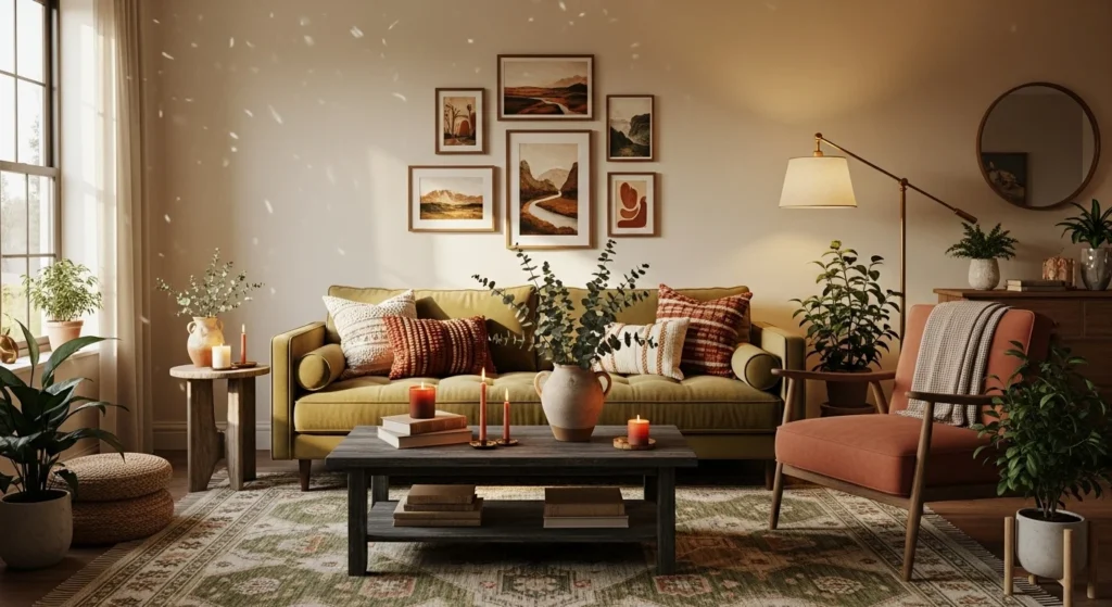 Parlor styled with earthy colors like olive and terracotta for a warm natural vibe