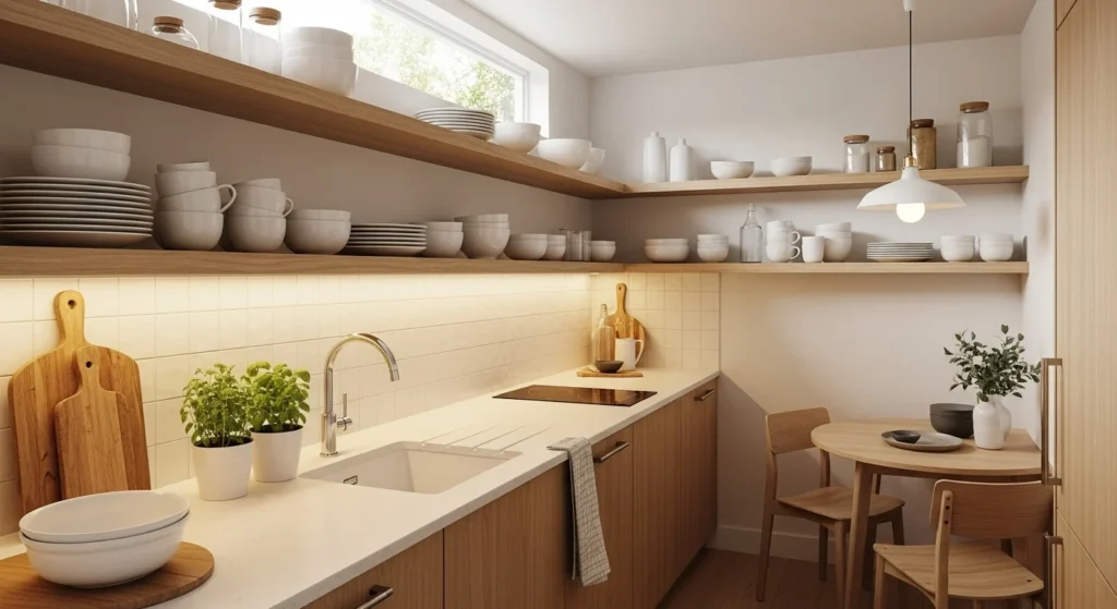 Compact kitchen with open shelves displaying neatly arranged dishes and minimal decor