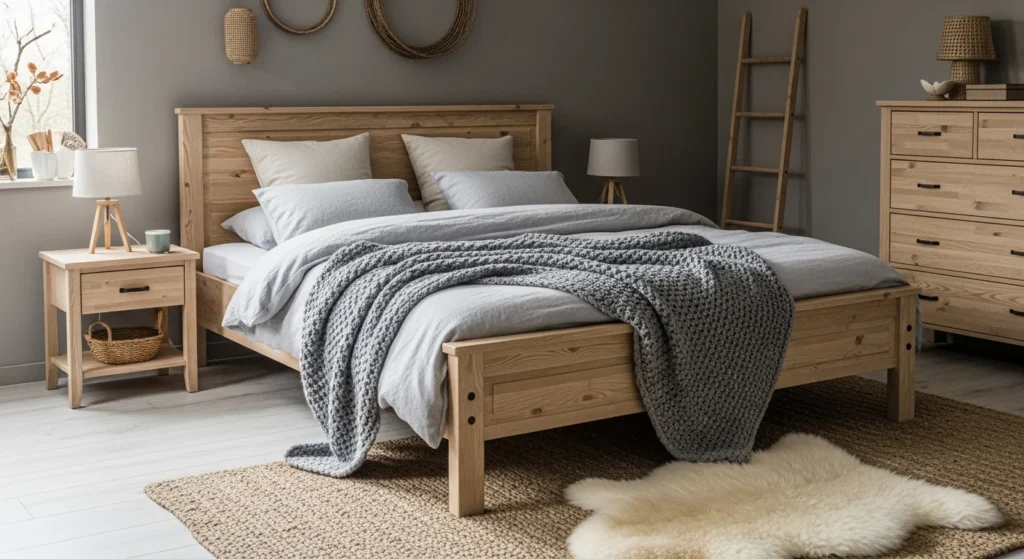 Warm grey bedroom paired with natural wood furniture for a cozy modern feel
