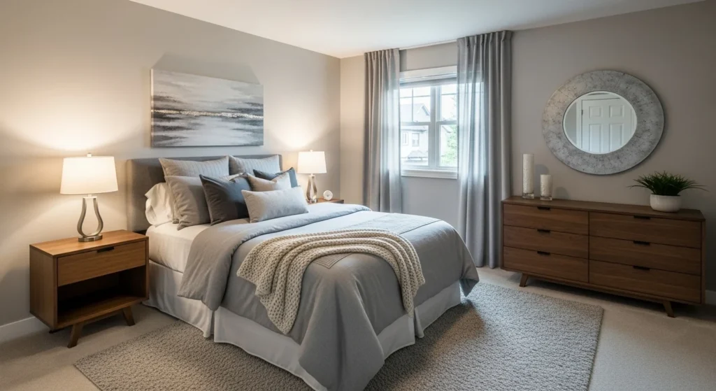 Warm grey guest bedroom design offering a cozy and modern atmosphere in 2026