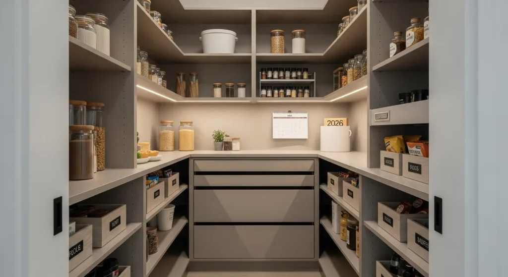 Narrow walk-in pantry featuring built-in drawers for organized and efficient storage