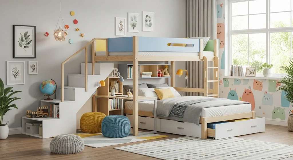 Bunk-style loft bed in a shared kids’ bedroom, modern 2026 small space design