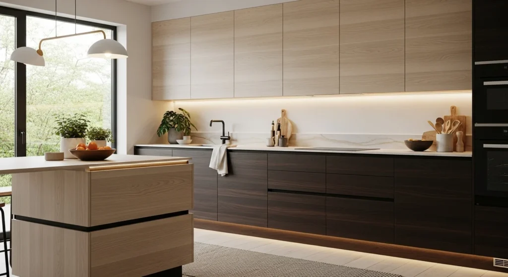 Two-tone wood kitchen with light upper cabinets and dark lower cabinets, modern cozy design