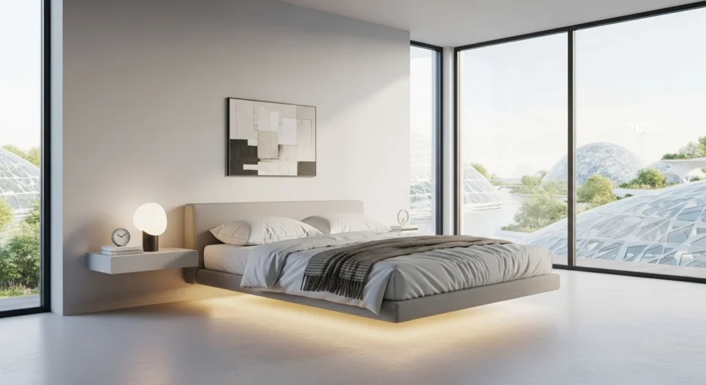 Floating bed with modern design, under-bed lighting, airy contemporary bedroom 2026