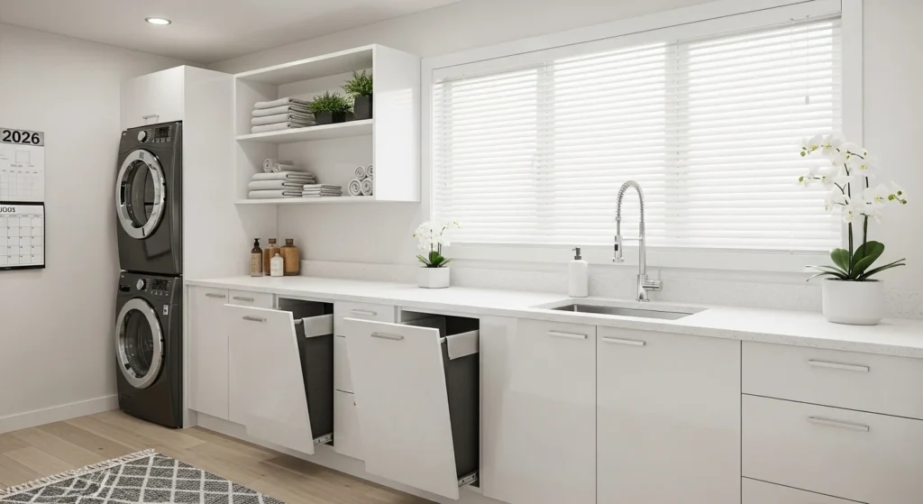 Laundry room cabinets with pull-out laundry baskets for easy sorting, 2026 interior