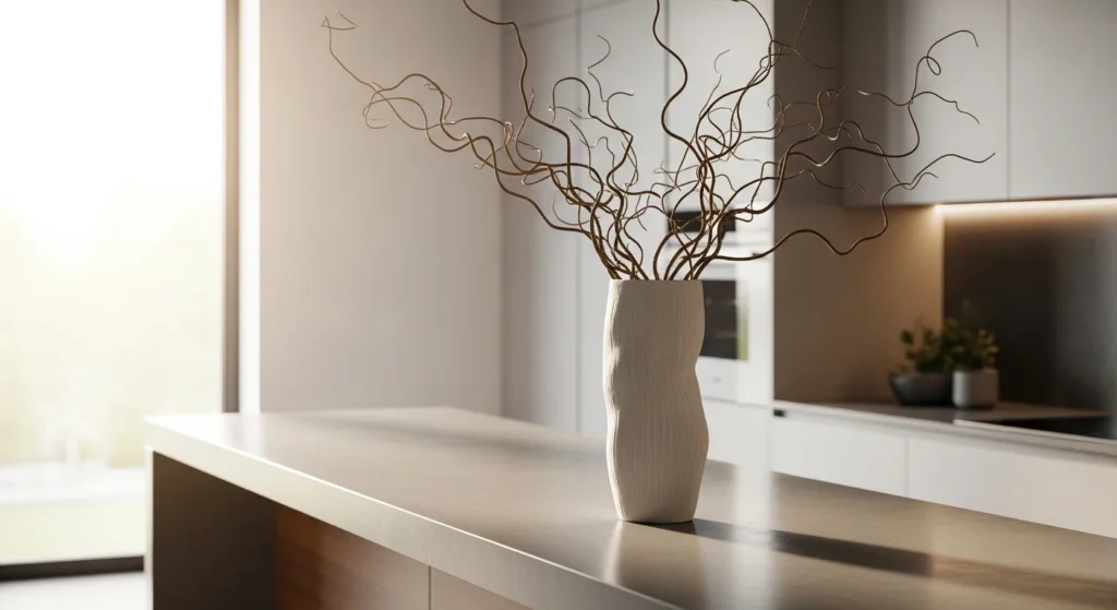 Kitchen counter decorated with a large statement ceramic vase