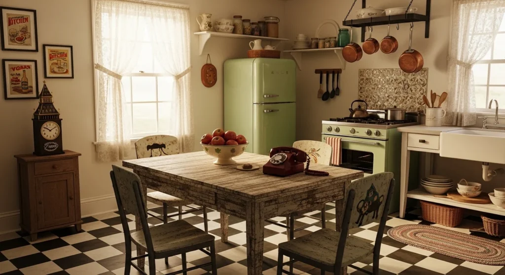 Retro checkerboard flooring enhancing vintage kitchen style