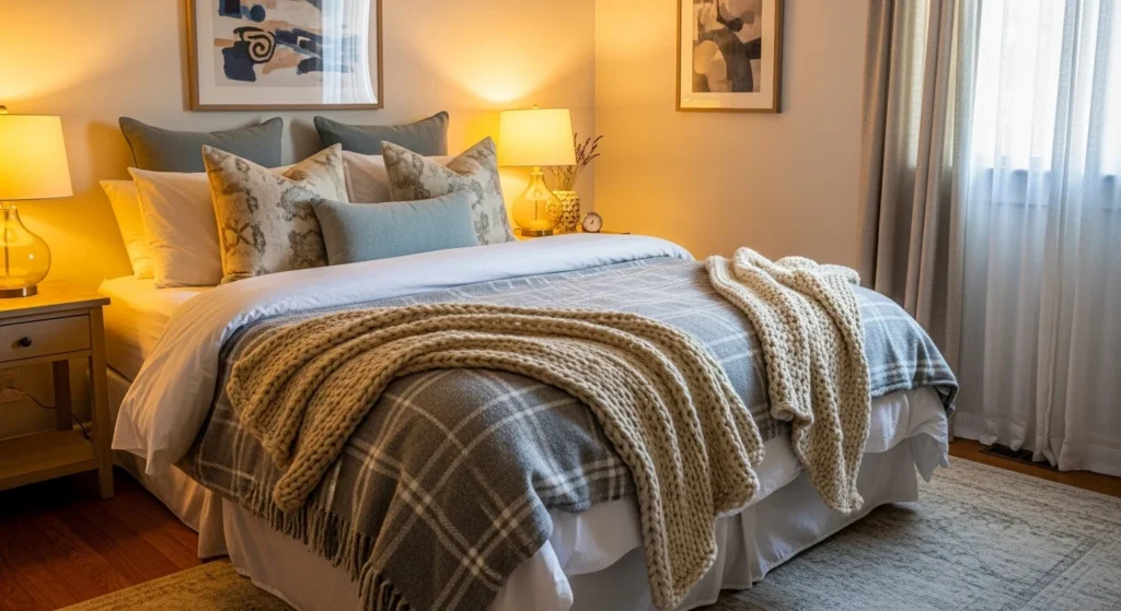 Cozy guest bedroom featuring layered textiles, plush throws, textured cushions, and warm lighting