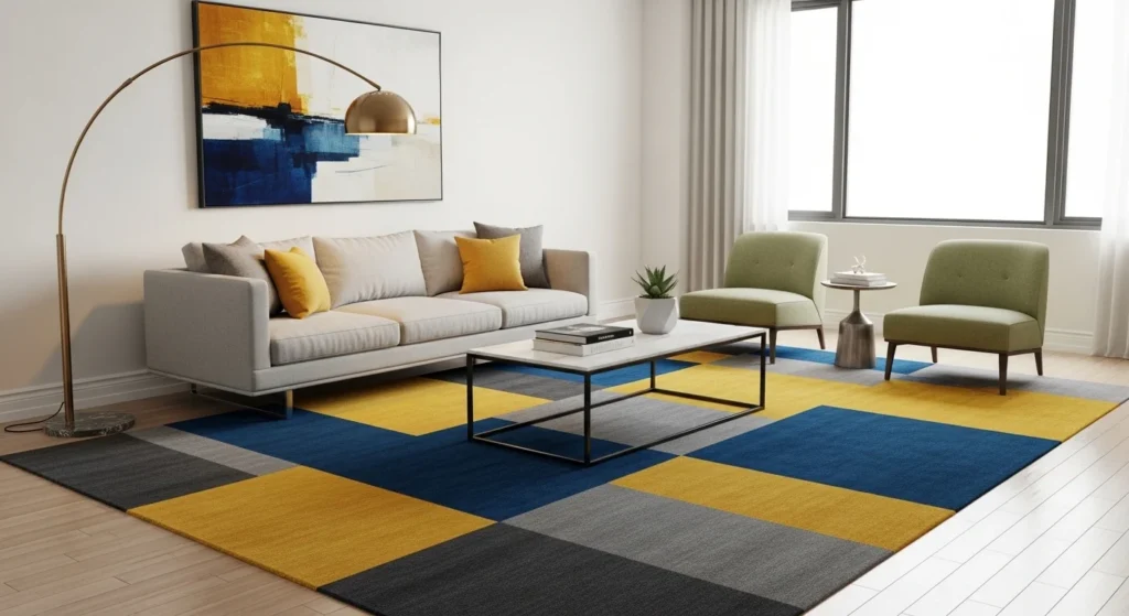 Living room with large statement area rug and modern furniture