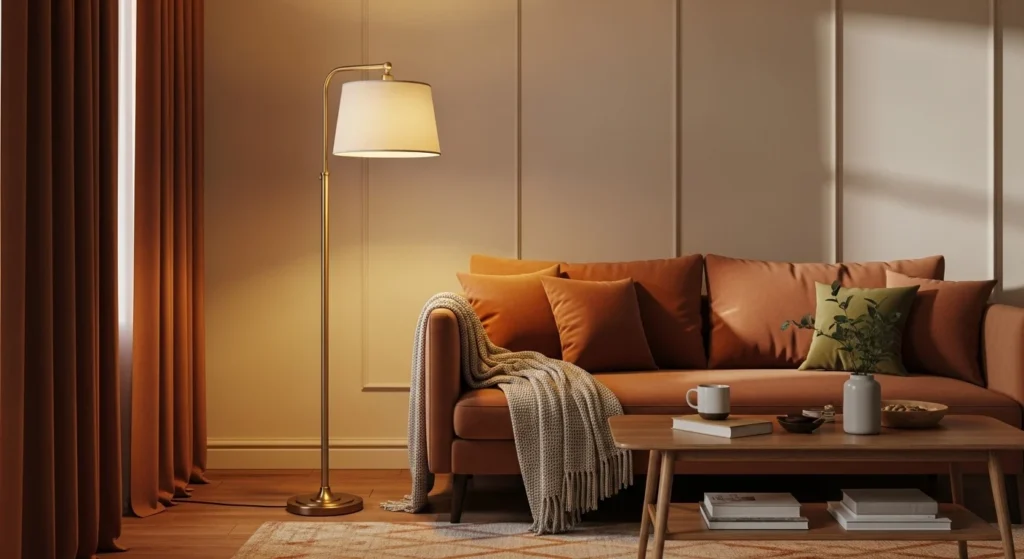 Luxury living room featuring a warm brass floor lamp