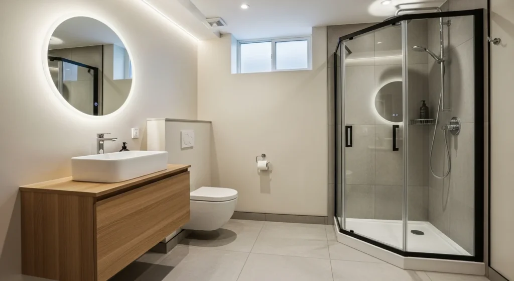 Space-saving basement bathroom with floating vanity and corner shower
