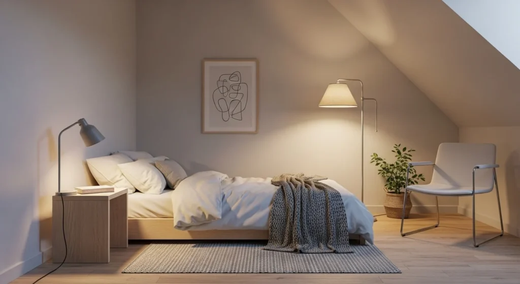 ttic bedroom with neutral colors, simple furniture, and cozy ambiance