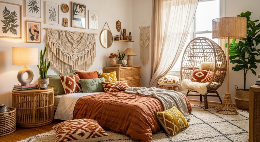 Bedroom with patterned textiles, rattan furniture, and eclectic decor pieces