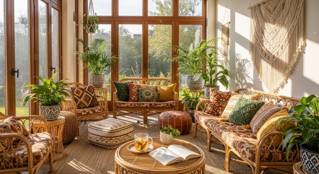 Boho sunroom with layered textiles rattan furniture and sunlight