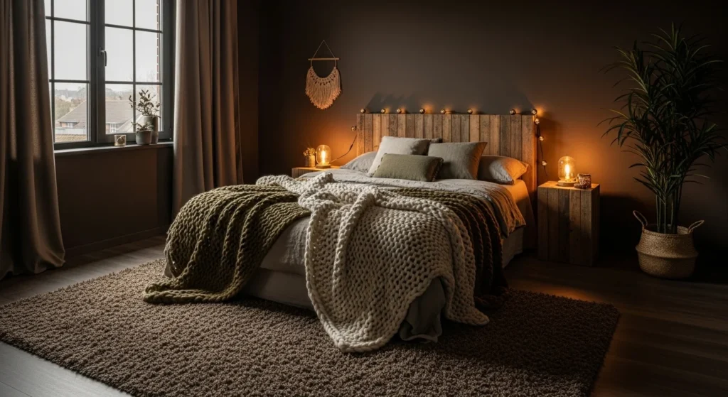 Bedroom styled with earthy dark brown tones for a cozy feel