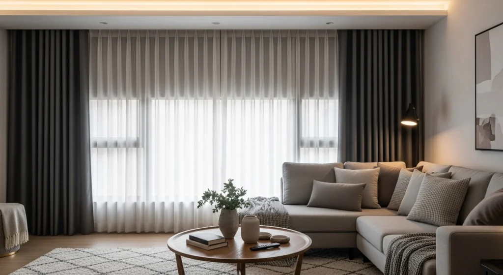 Living room with layered sheer and blackout curtain combination