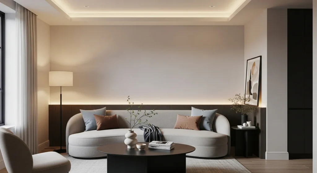 Compact living room featuring a curved sofa and rounded coffee table for a soft modern look