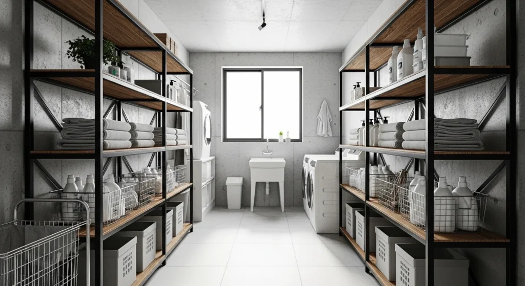 Modern laundry room with metal frame shelving for durable storage