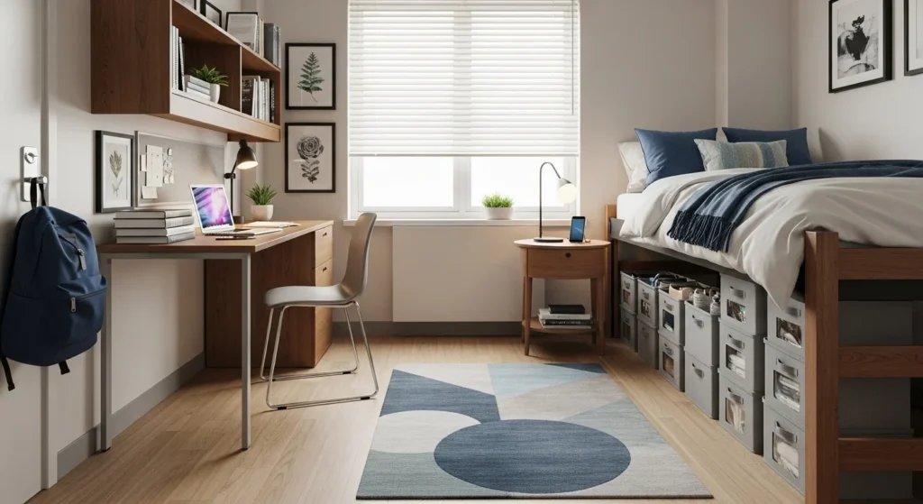 Dorm room with organized under-bed storage solutions