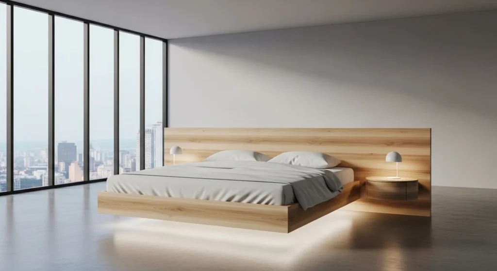 Floating wooden bed in modern bedroom with airy and minimalist design