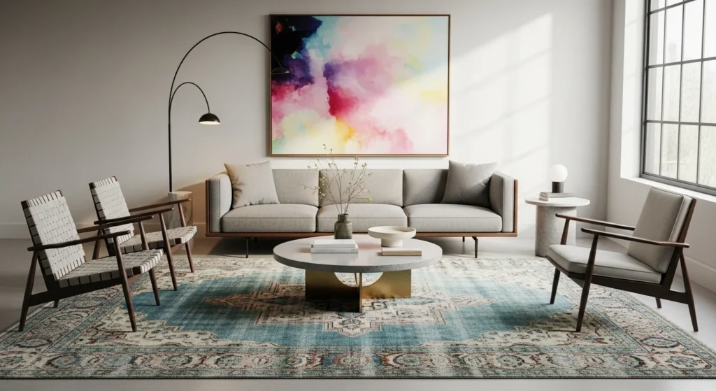 Living room with vintage-inspired rug and modern furniture accents