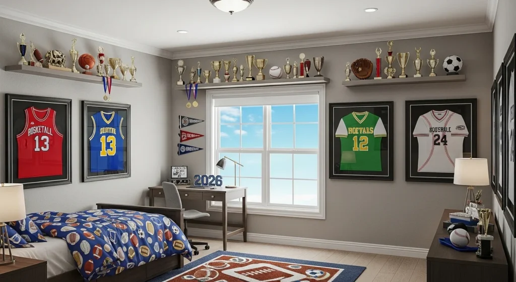 Boys bedroom with sports-themed bedding, framed jerseys, and trophy display