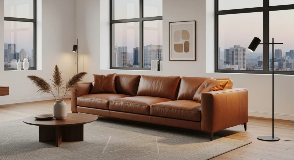 Modern living room with sleek leather sofa and minimalist decor