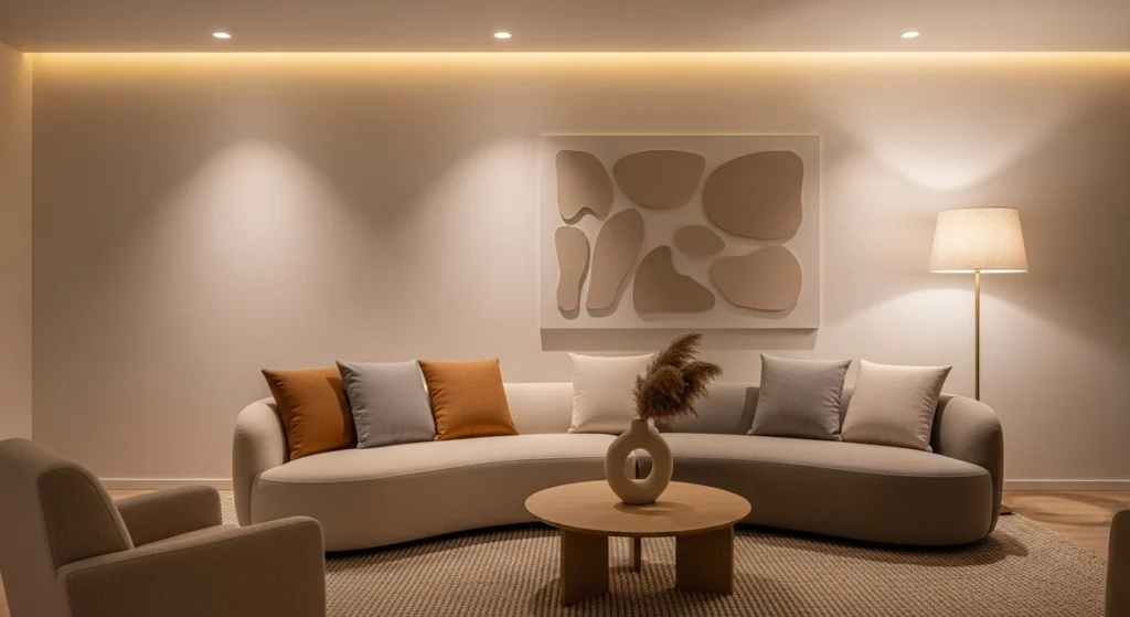 Soft curved minimalist sofa adding elegance to living room