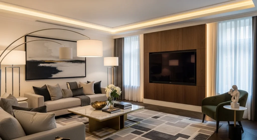 Elegant living room with layered lighting and warm ambiance