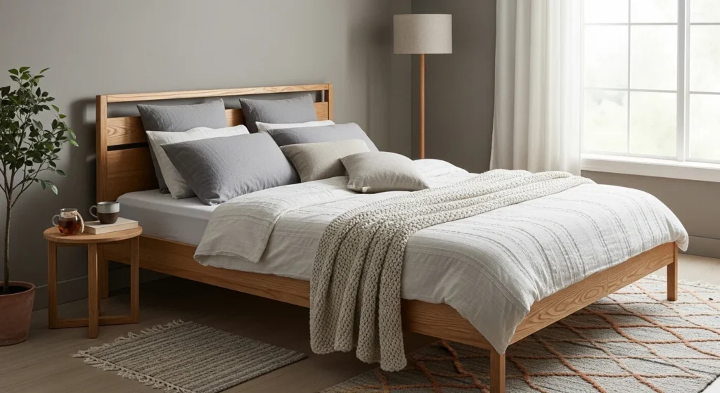 : Warm gray bedroom featuring natural wood furniture and textures