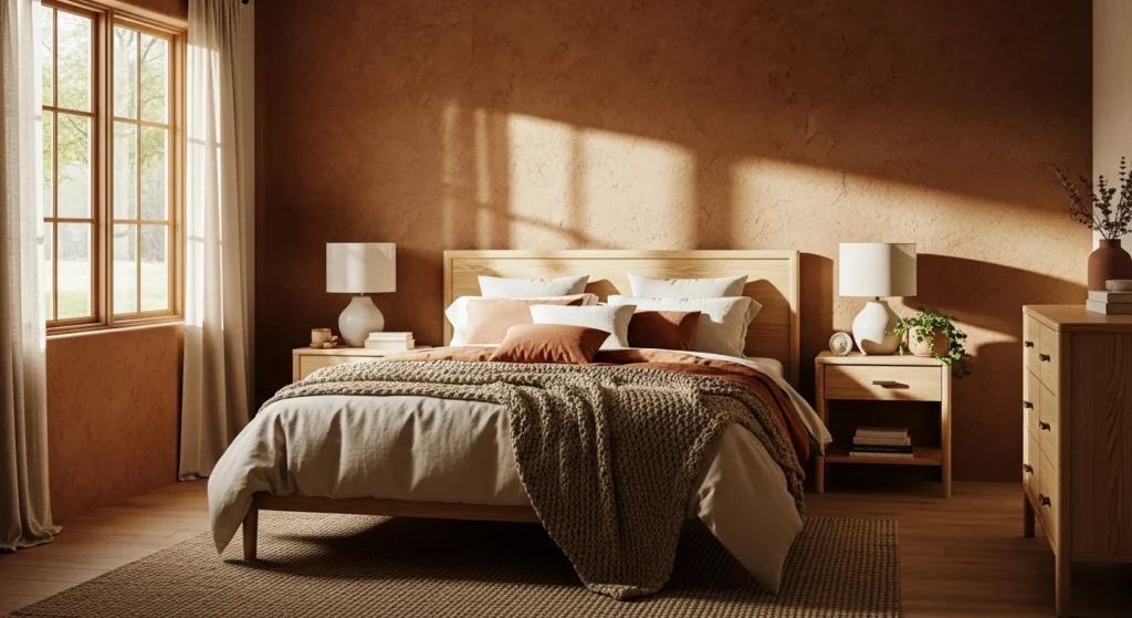 Earth-tone cozy bedroom with clay-inspired colors, wooden furniture, and natural light