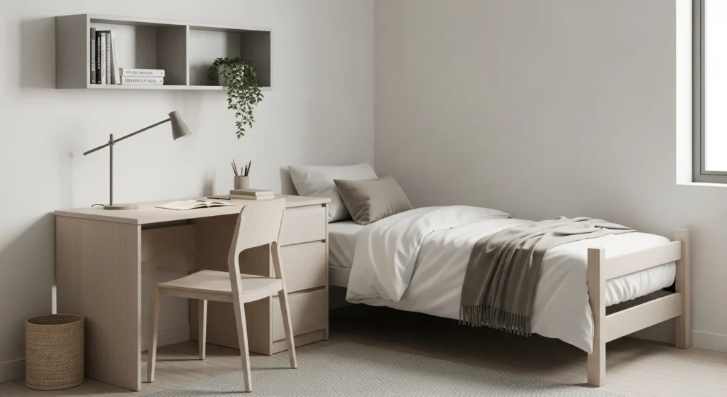 Clean and minimalist dorm room with neutral palette and simple furniture