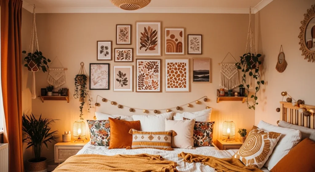 Teen bedroom with rattan furniture, macrame decor, and layered rugs