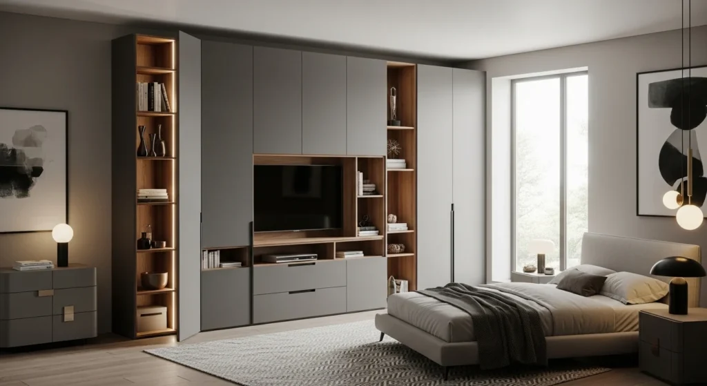 Bedroom remodel with custom built-in storage wall and sleek cabinetry