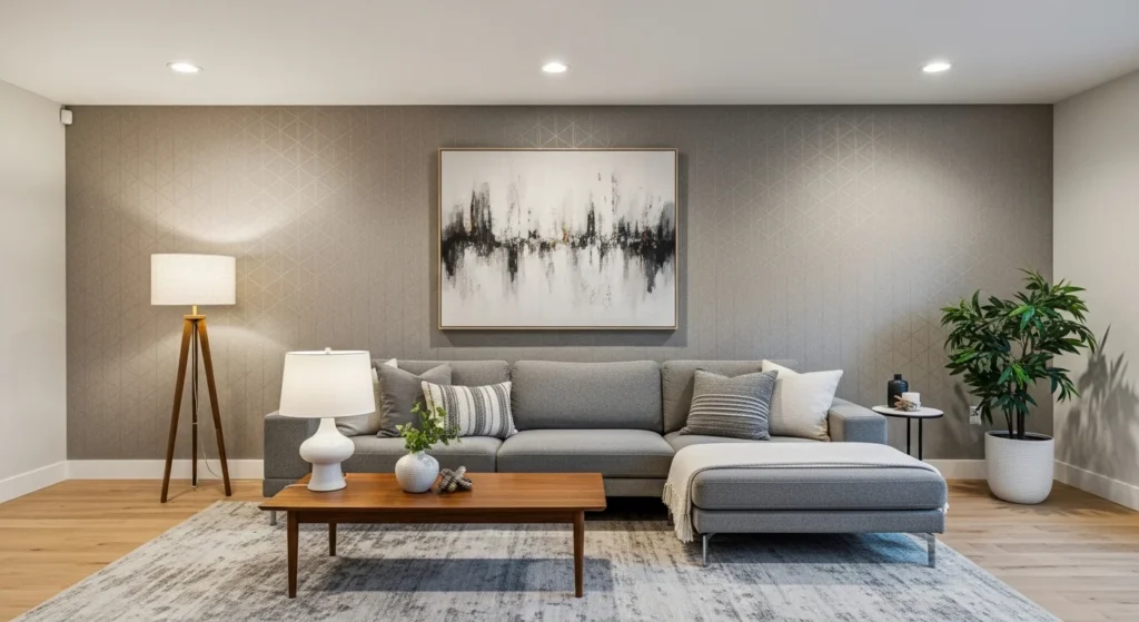 Modern living room with 3D textured accent wall behind sofa, warm neutral colors