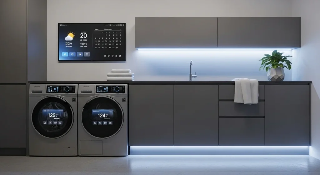 : High-tech laundry room with WiFi-enabled washer dryer and LED lighting