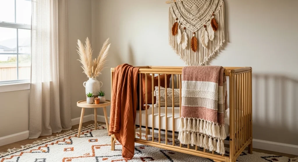 Boho nursery featuring rattan crib, macrame wall decor and warm earthy colors