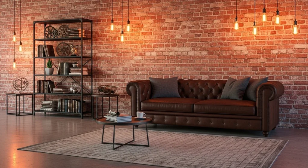 Parlor with exposed brick walls, leather sofa, metal shelves, and modern industrial lighting