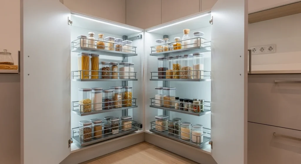 Kitchen corner pantry with rotating pull-out shelves and neatly arranged jars