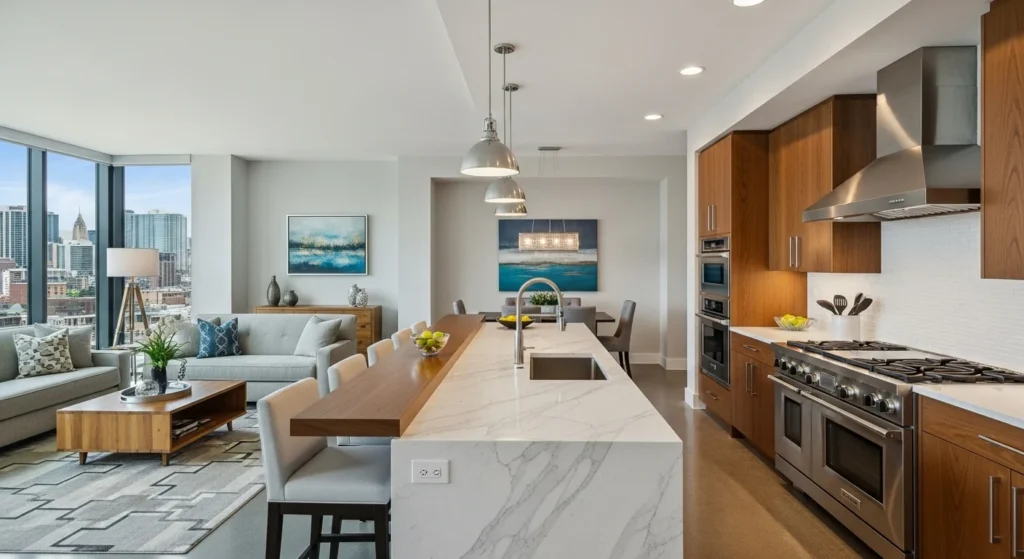 Open kitchen living room featuring a central kitchen island dividing cooking and seating spaces
