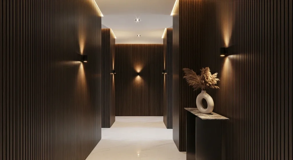 Modern hallway with vertical wooden wall panels and warm lighting