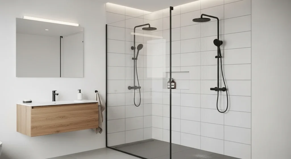 Contemporary shower featuring matte black fixtures, white tiles, and glass enclosure