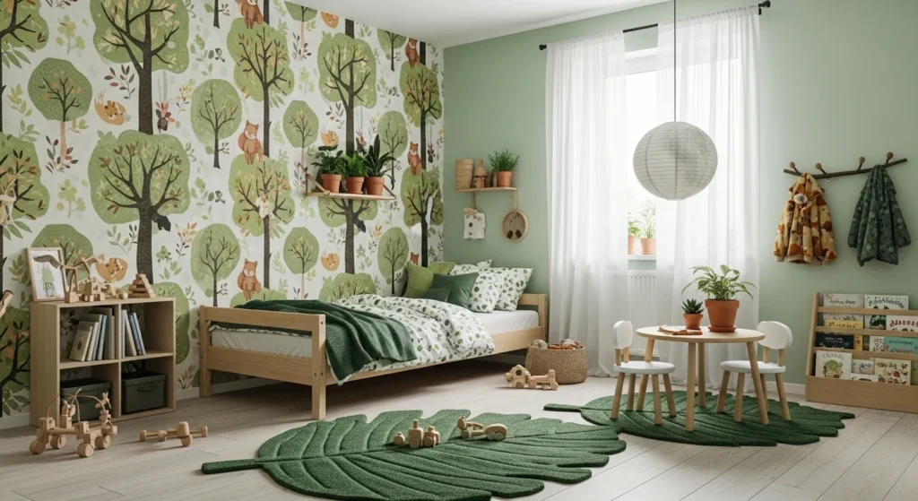 green botanical themed children bedroom with natural textures