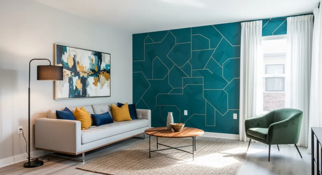 Apartment living room with bold accent wall adding modern character and depth