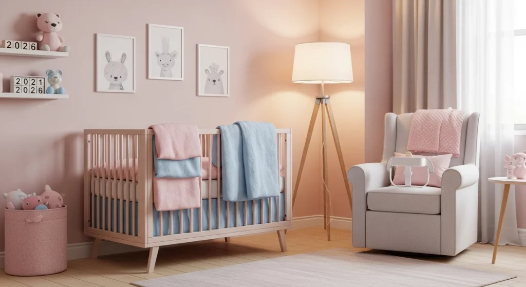 Soft pastel nursery with pink and mint accents, cozy crib, warm ambient lighting, modern 2026 baby room