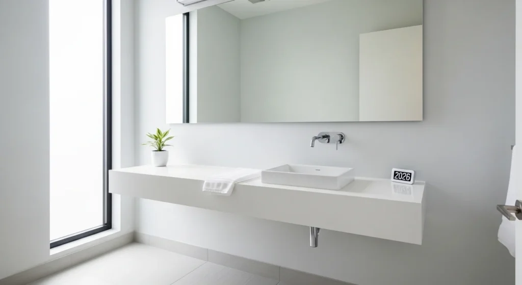 Small bathroom with large wall mirror above vanity, bright airy modern 2026 interior
