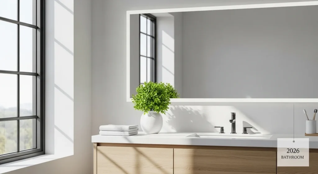 Bathroom vanity decorated with small green plant creating fresh spa-like atmosphere
