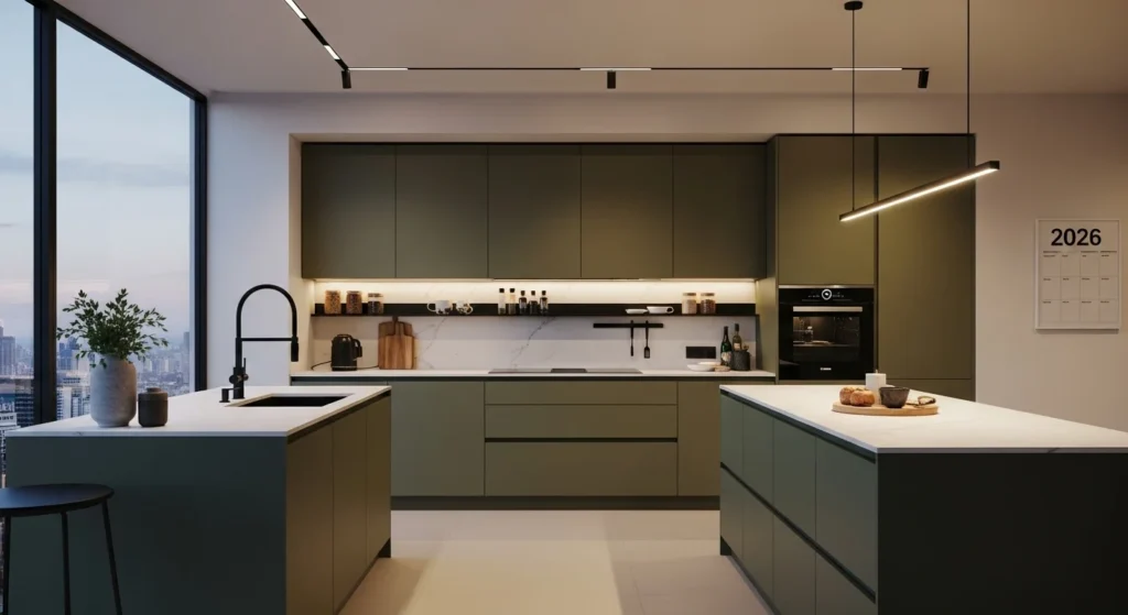Olive green matte kitchen cabinets with black fixtures in a sleek modern 2026 layout